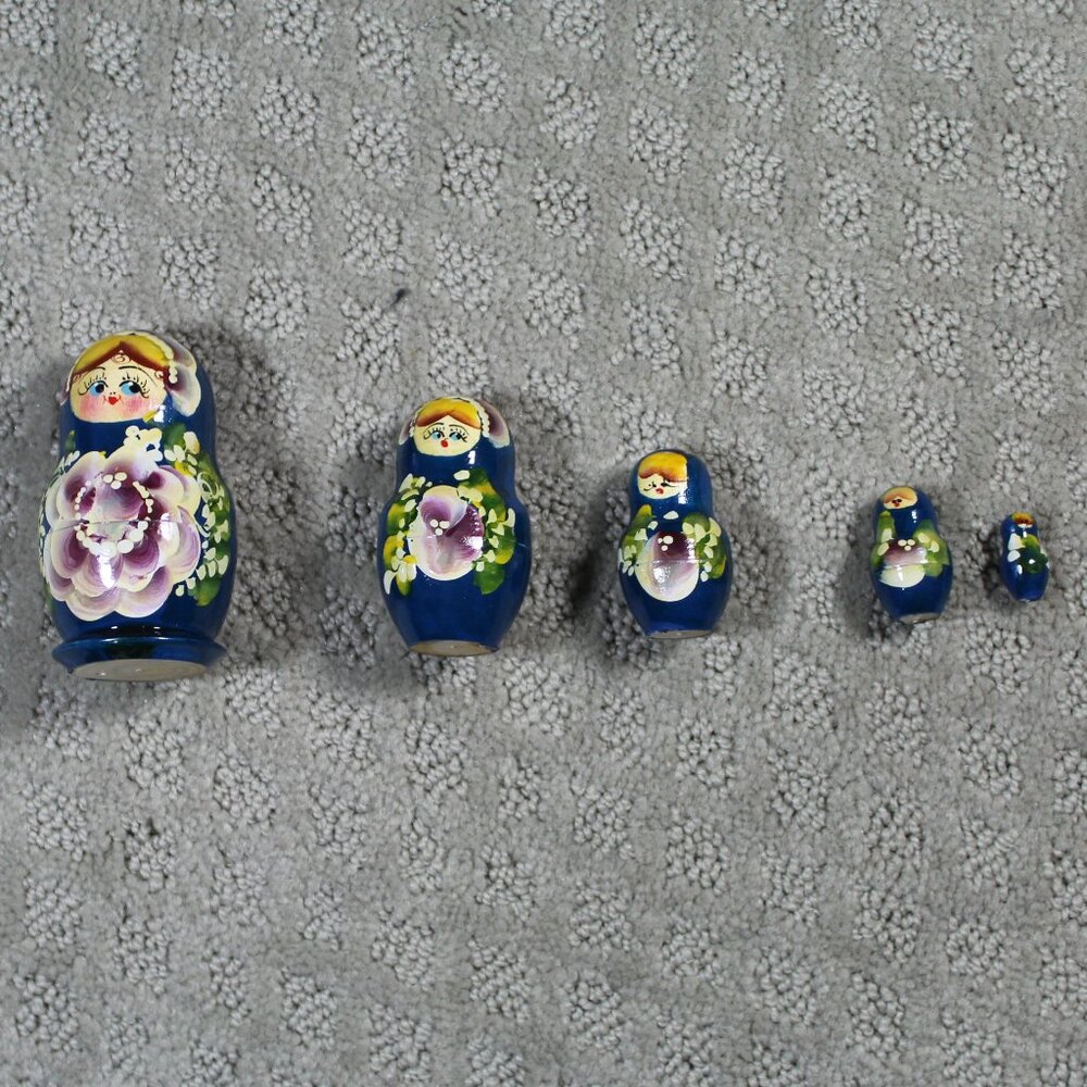 Set of 5 Matryoshka Russian Lady Blue Purple Flower Nesting Dolls - 3.5 in Tall